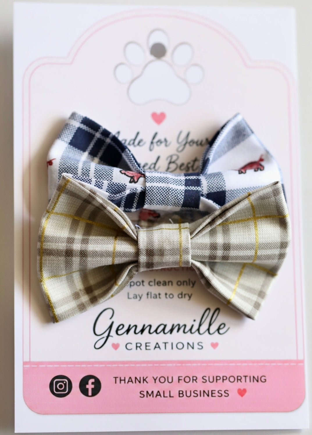 Blue and cream plaid dog bow tie with bow center