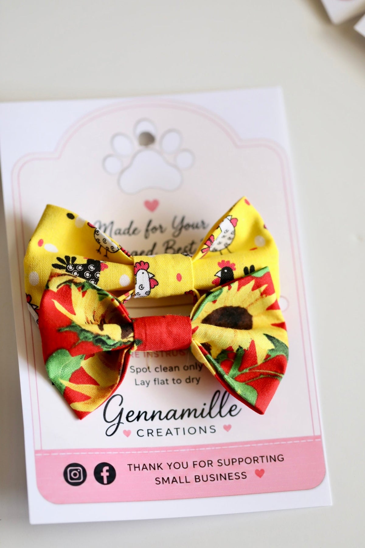 Yellow farm-themed dog bow tie with red and green accents