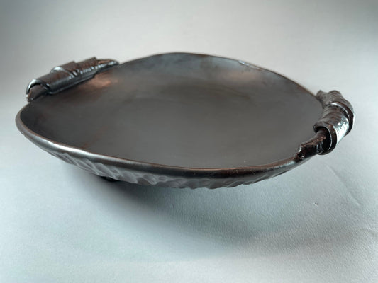 Charcoal ceramic bowl with two loop handles, wide shallow shape
