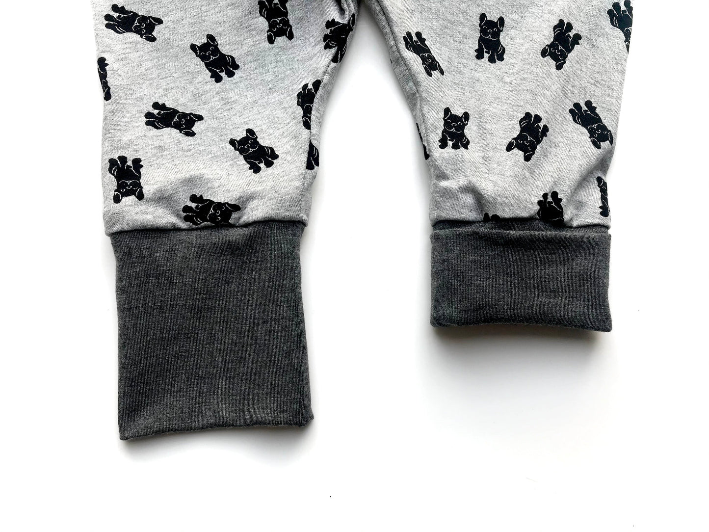 Dog print kids grow-with-me harem pants with gray cuffs and light heather fabric