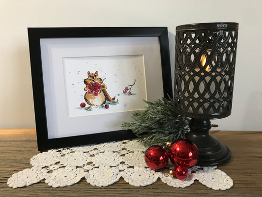 Framed chipmunk illustration with colorful animal artwork in black border