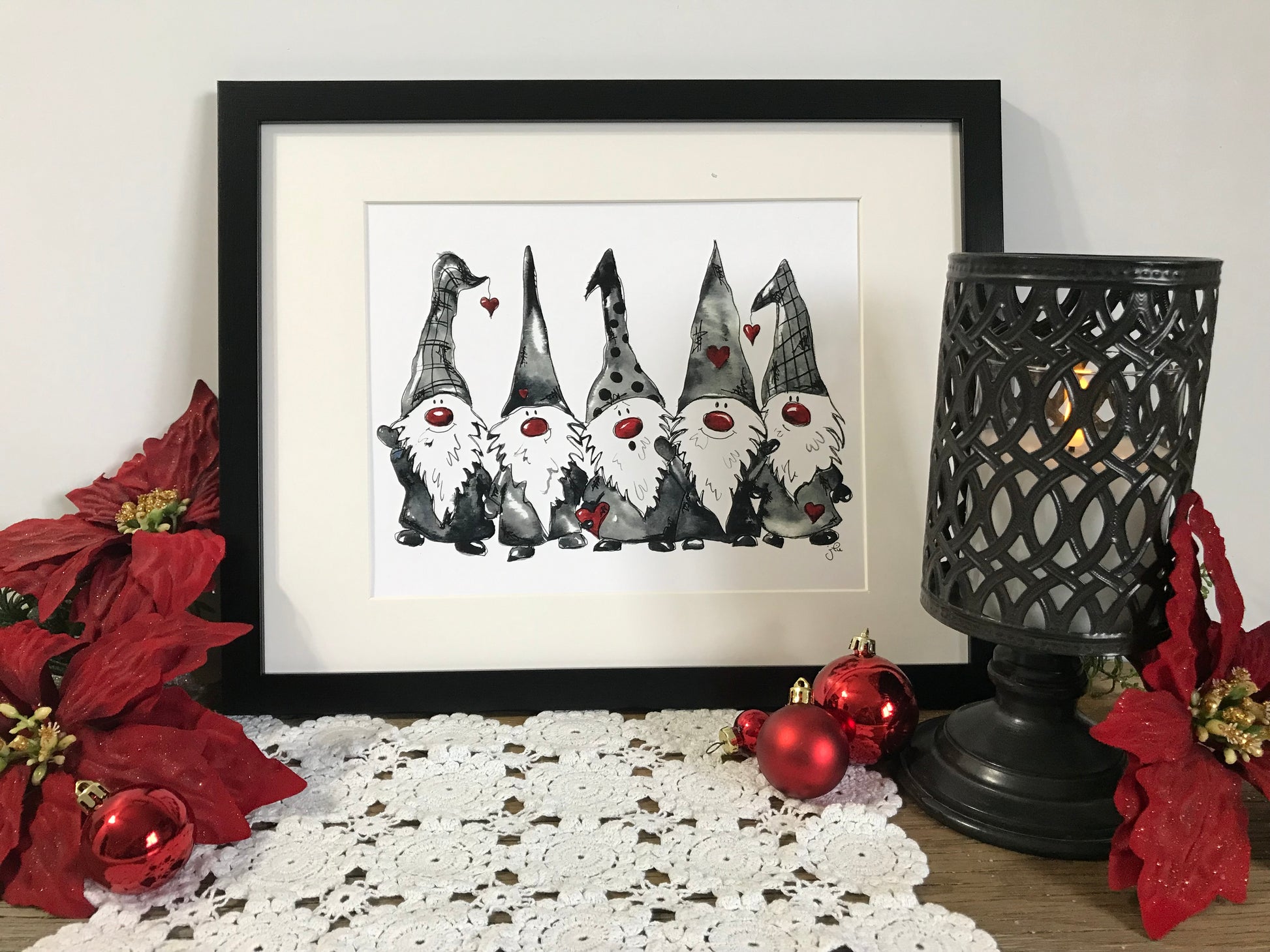 Framed gnome family wall art print with five gnomes and red hearts
