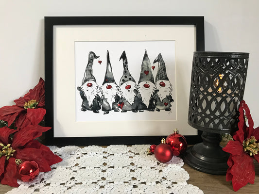 Framed gnome family wall art print with five gnomes and red hearts