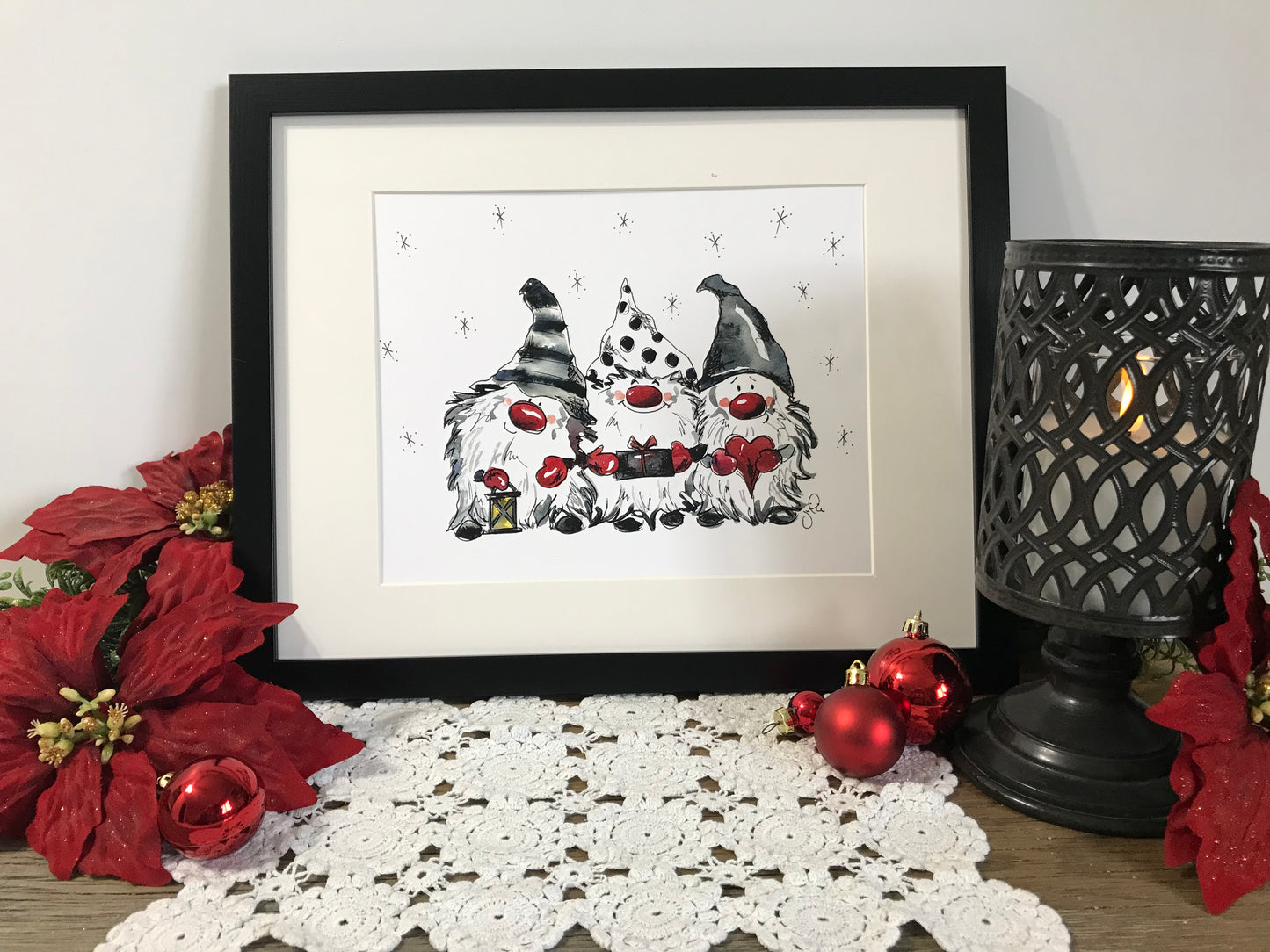 Framed gnome trio artwork print with three gray hats and red heart accents