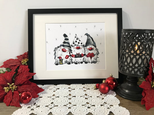 Framed gnome trio artwork print with three gray hats and red heart accents