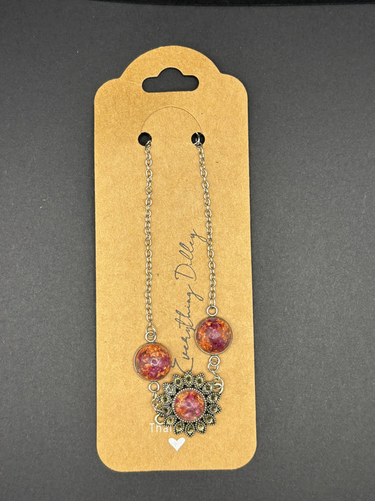 Flower charm bracelet with silver-tone chain and purple bead dangles