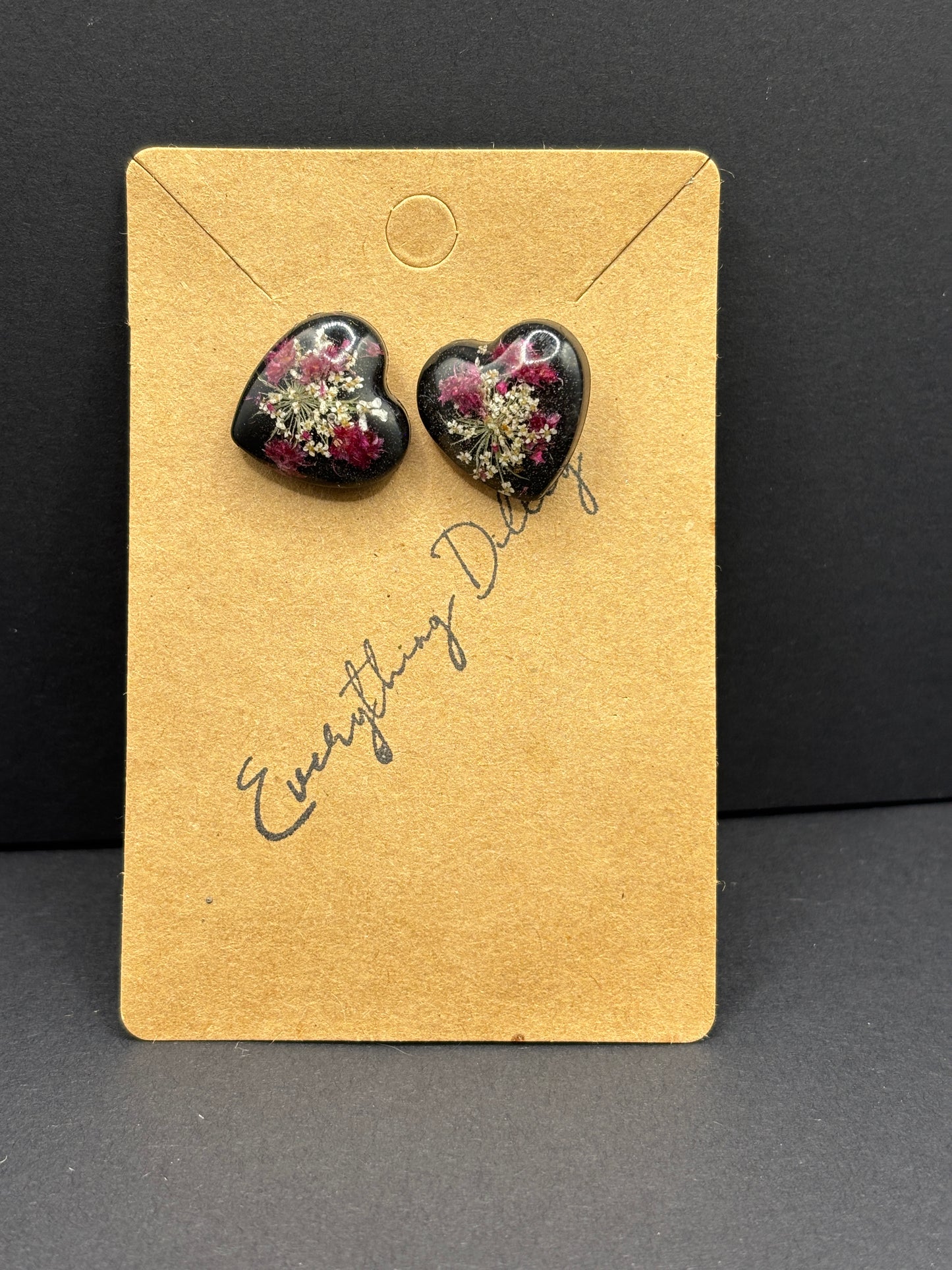 Love Lies Bleeding & Queen Anne's Lace Heart Shape Earrings