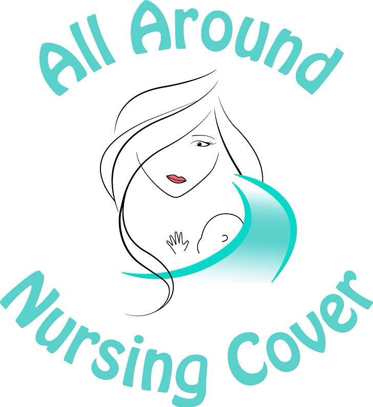 Nursing cover with illustrated mother-and-baby graphic, white and teal accents