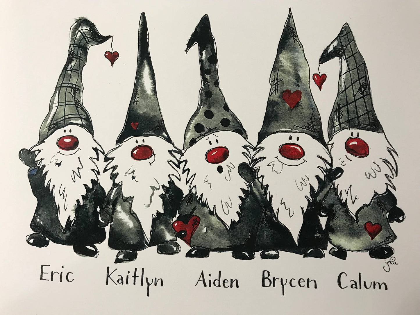 Gnome trio illustration with five gnomes and red hearts; names Eric, Kaitlyn, Aiden, Brycen, Calum