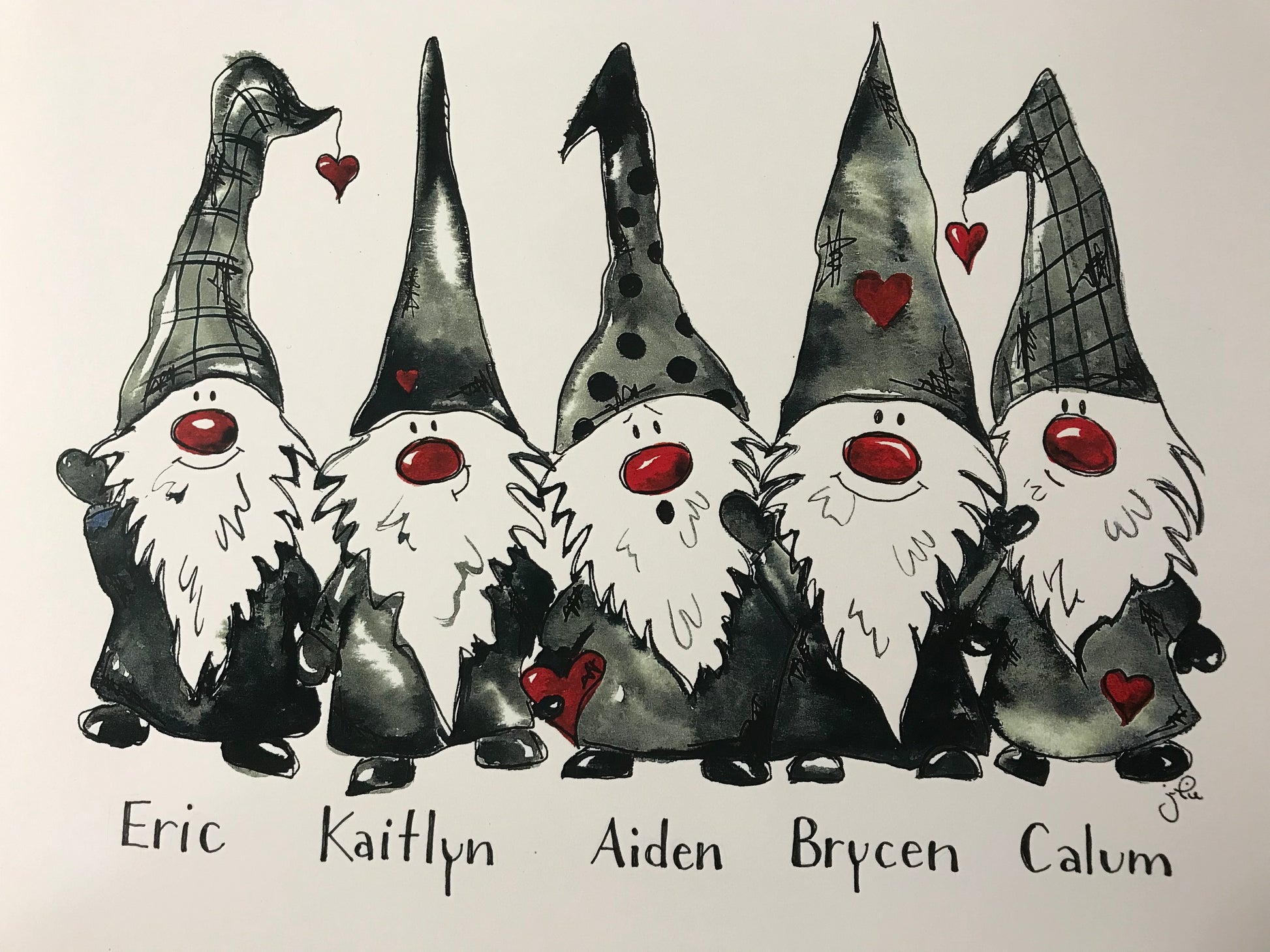 Gnome family wall art print with five gnomes and names Eric, Kaitlyn, Aiden, Brycen, Calum