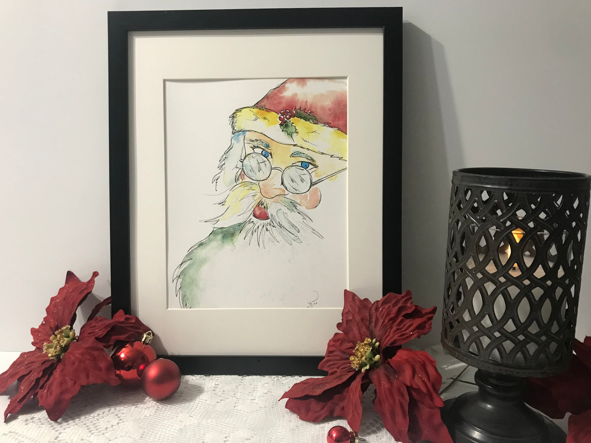 Framed vintage Santa portrait illustration with glasses and beard