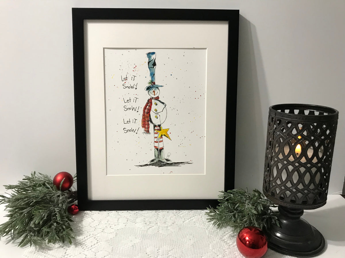 Framed skinny snowman wall art with tall illustrated figure and small holiday accents
