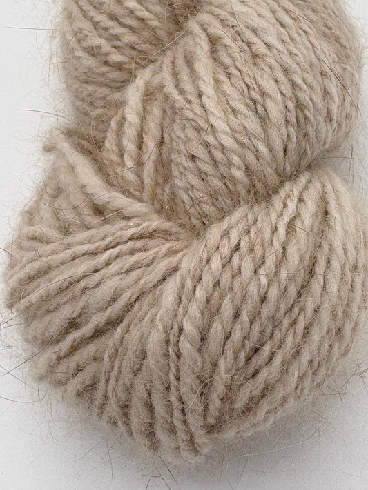 Angora blend handspun yarn skein, light beige twisted texture