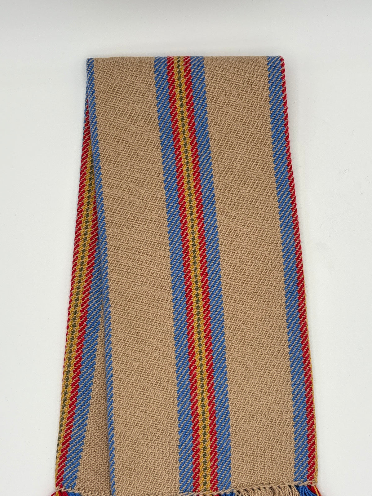 Tea Towel Handwoven Twill Red Blue Yellow Vertical Stripe
