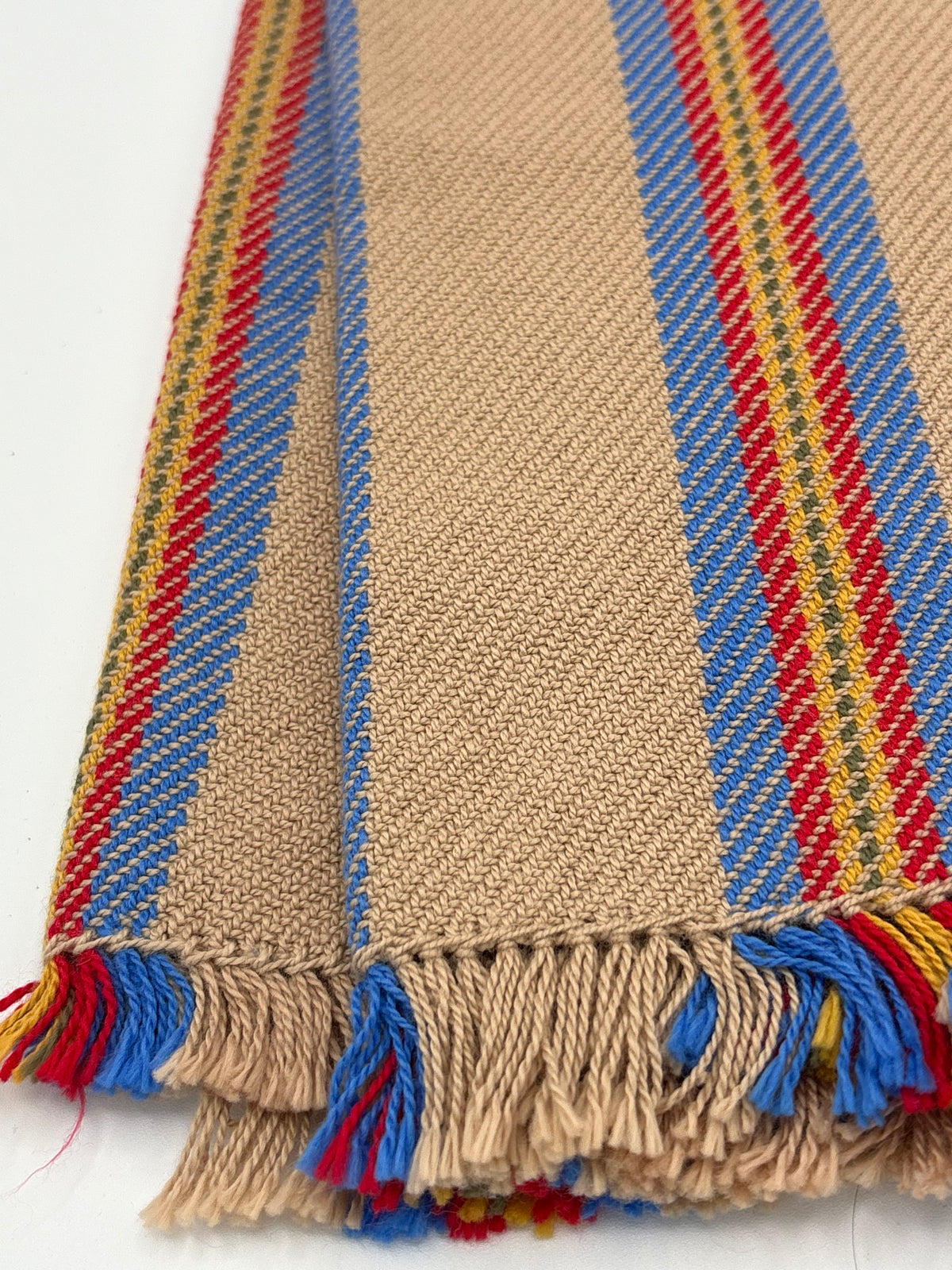 Tea Towel Handwoven Twill Red Blue Yellow Vertical Stripe