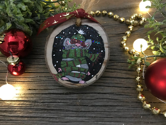 Round wooden mouse ornament with hand-painted illustration and glittery dark blue finish