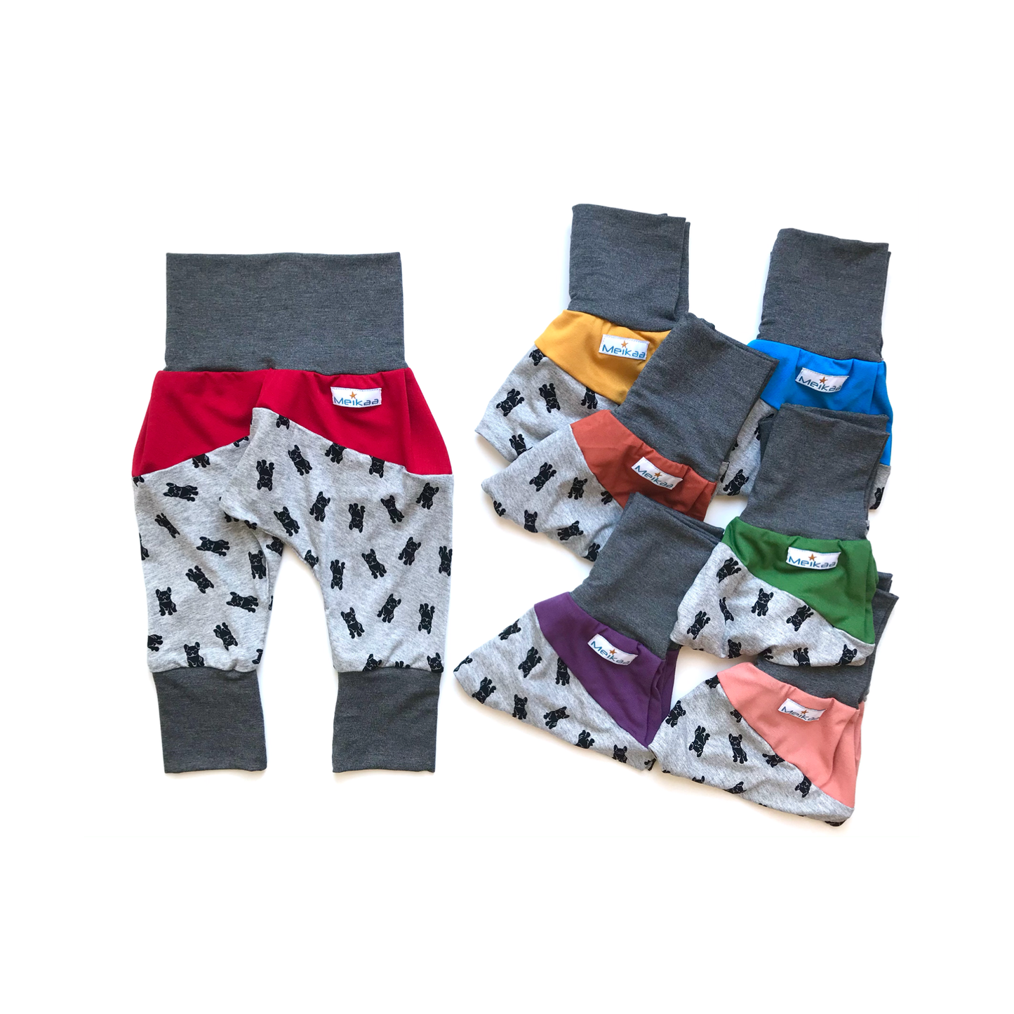 Kids grow-with-me harem pants assortment with dog prints and multicolor waistband panels