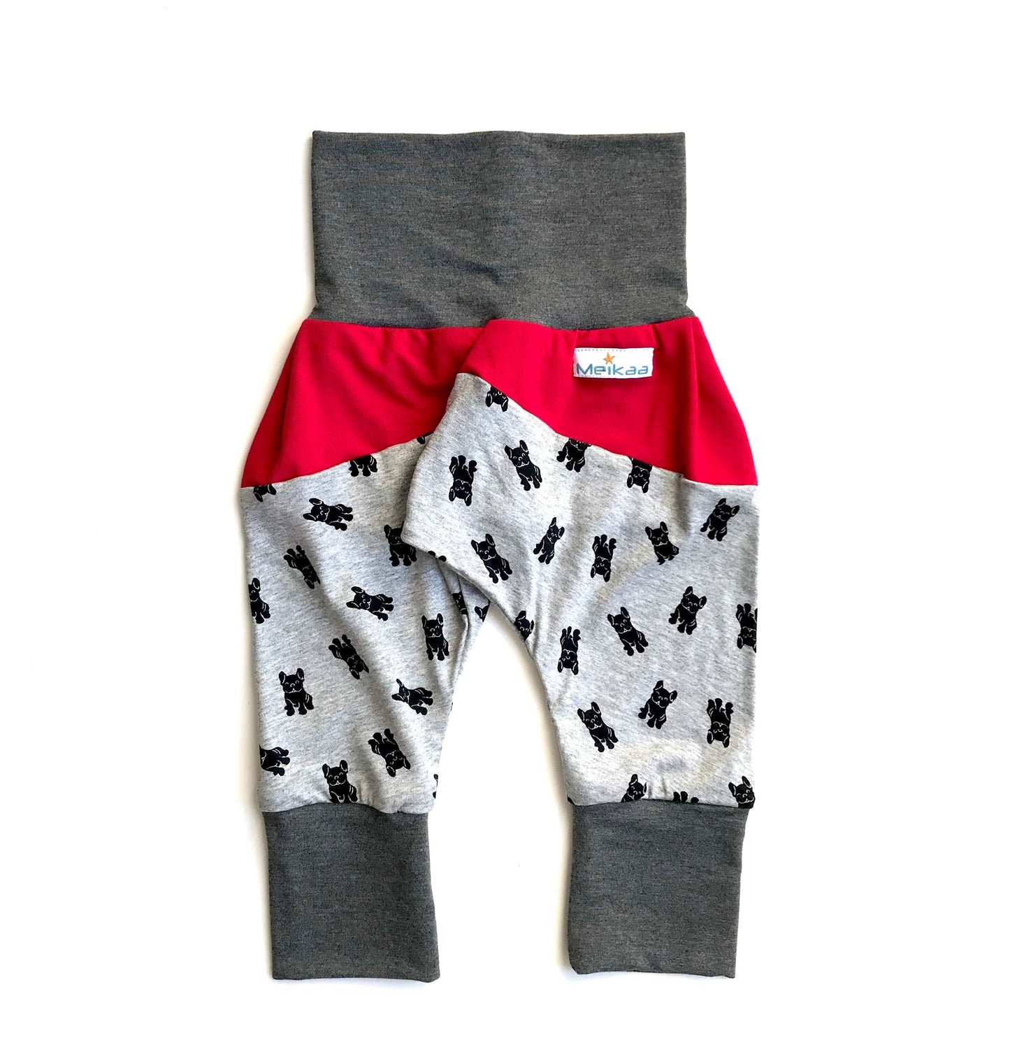 Kids grow-with-me harem pants with dog print, red waistband panel and gray leg cuffs