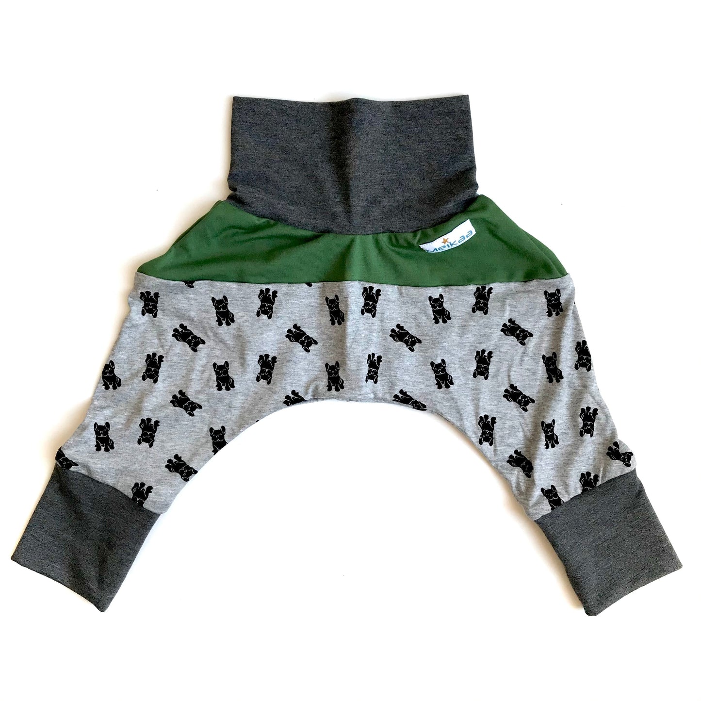 Kids grow-with-me harem pants with dog print, green waistband panel and gray cuffs