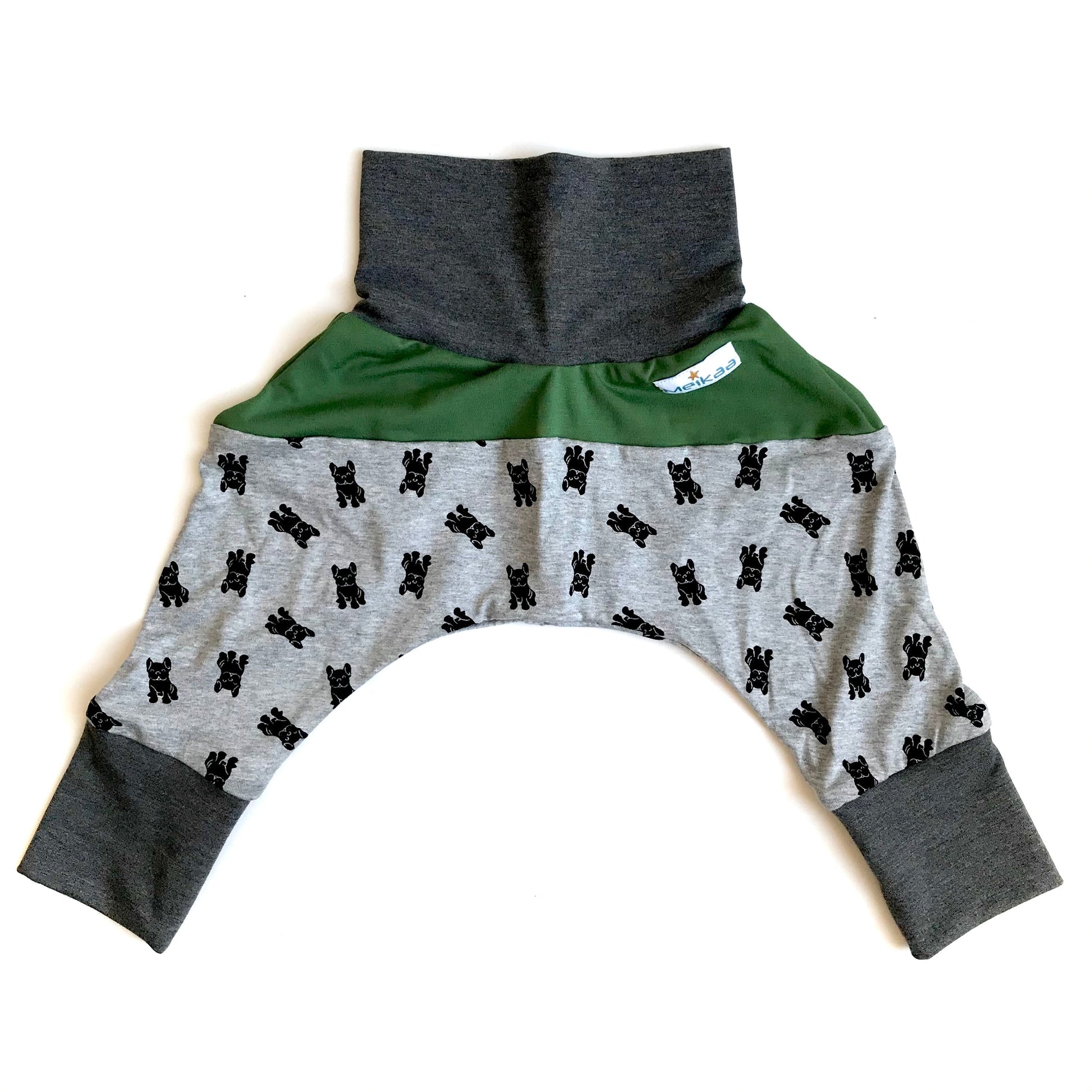 Kids grow-with-me harem pants with dog print, green waistband panel and gray cuffs