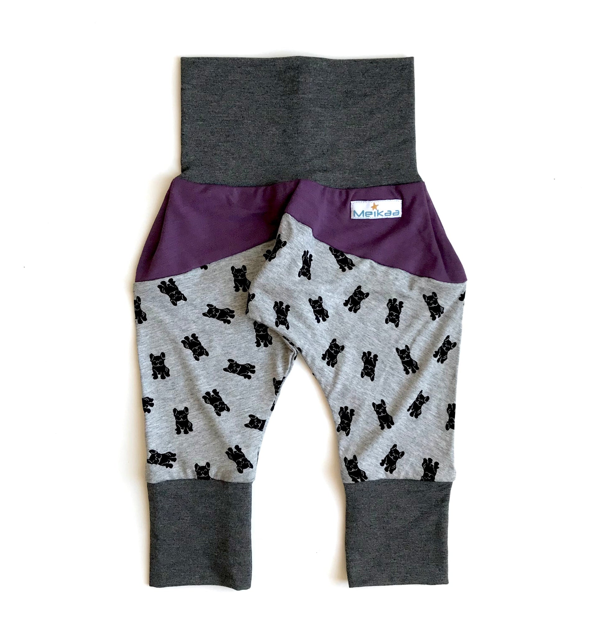 Kids grow-with-me harem pants with dog print, purple waistband panel and gray cuffs