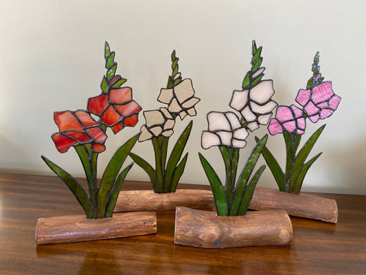 Stained Glass Gladiolus Inlaid on Driftwood Base - available in a variety of colours to choose from