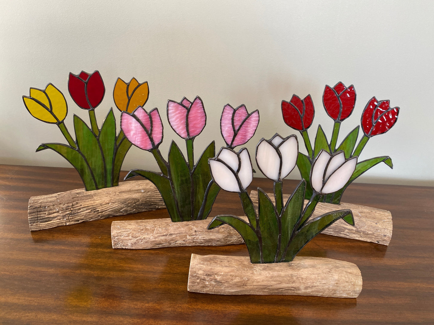 Stained Glass Tulip Flower Bouquet Inlaid on Driftwood Base -  various colours to choose from