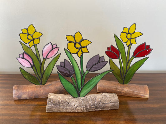 Stained Glass Tulip & Daffodil Spring Bouquet on Driftwood Base -  available in a variety of colours