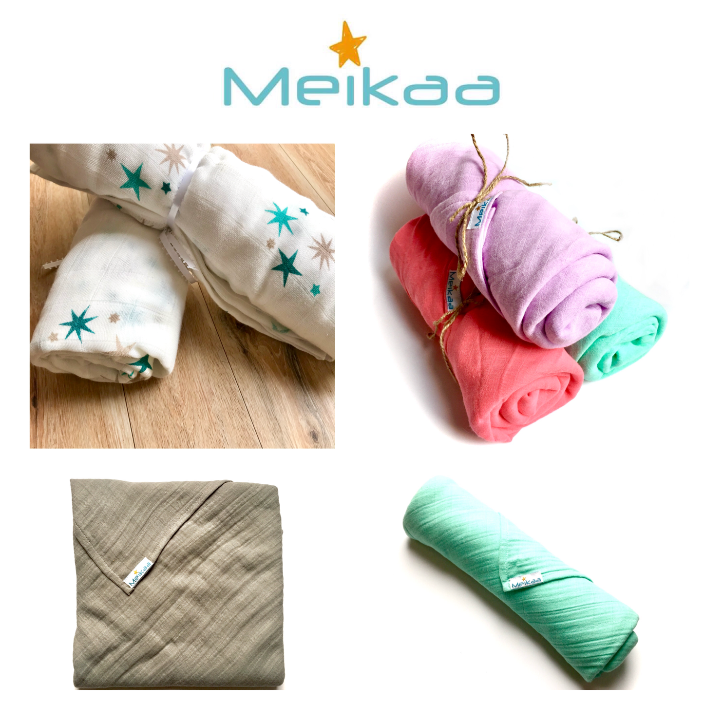 Meikaa swaddle blanket set showing white, gray, mint, and pink folded blankets