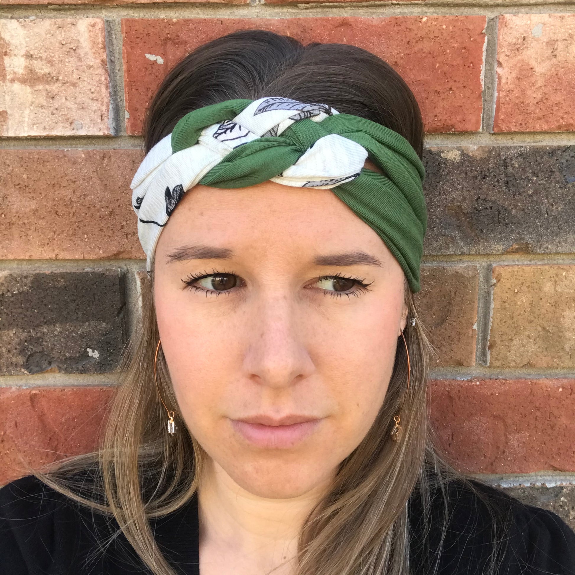 Knot headband with white patterned wrap and green front knot