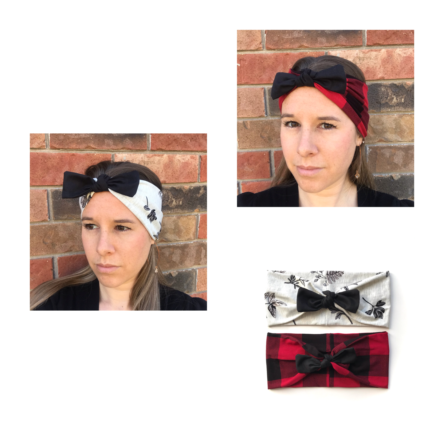 Bow headband set featuring light leaf print and red plaid styles with black bows