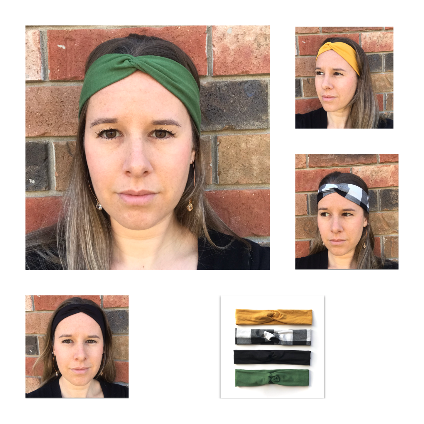 Twist bamboo headband assortment on model and flat: green, yellow, and black styles