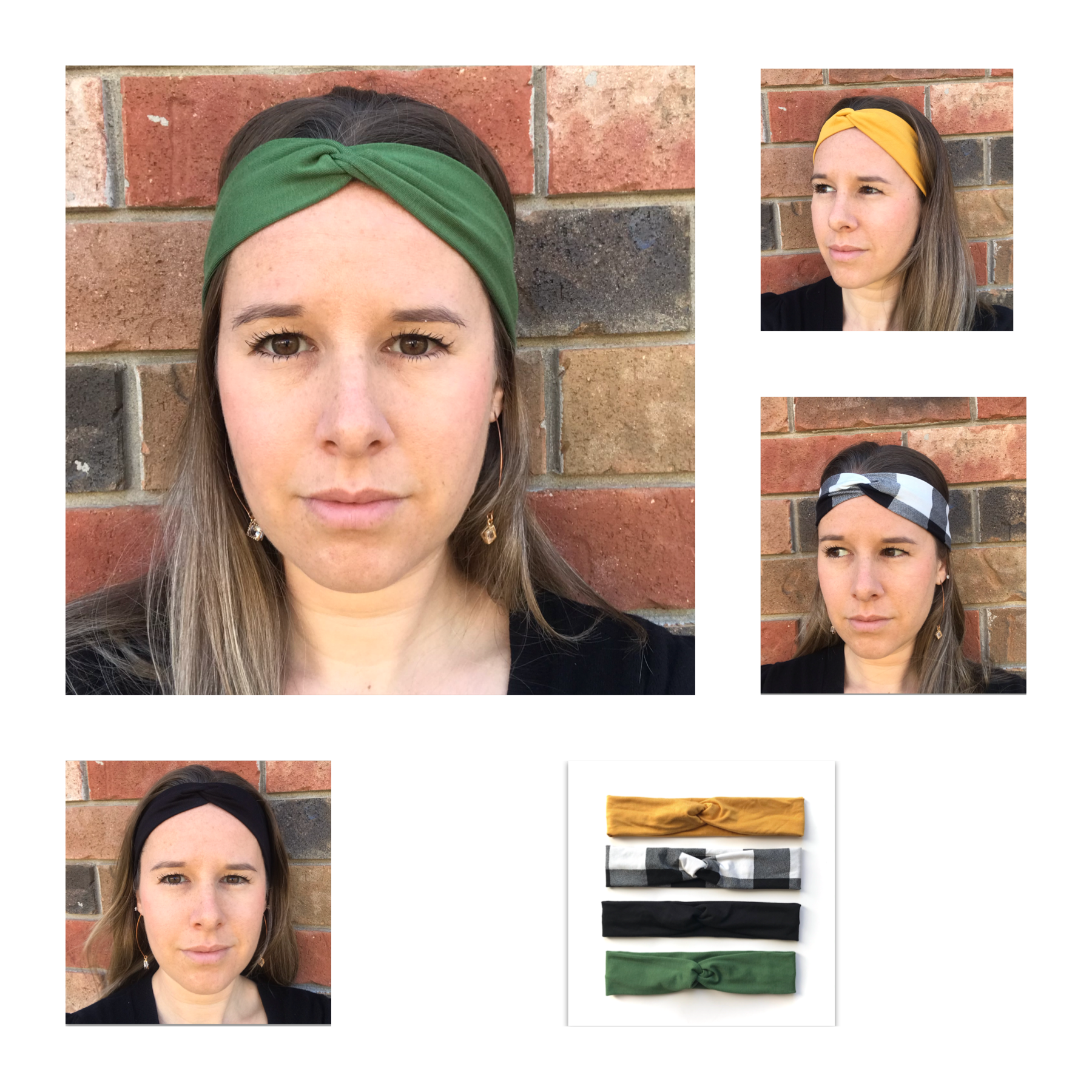 Twist bamboo headband assortment on model and flat: green, yellow, and black styles