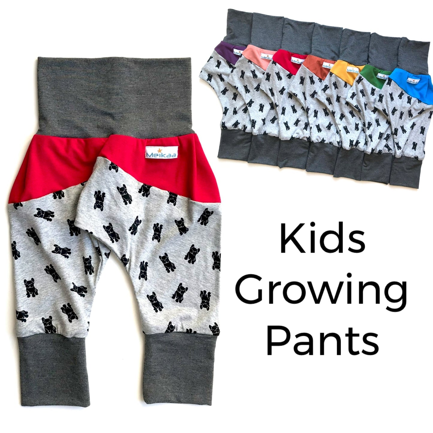 Kids grow-with-me harem pants with dog print, red waistband panel and gray cuffs