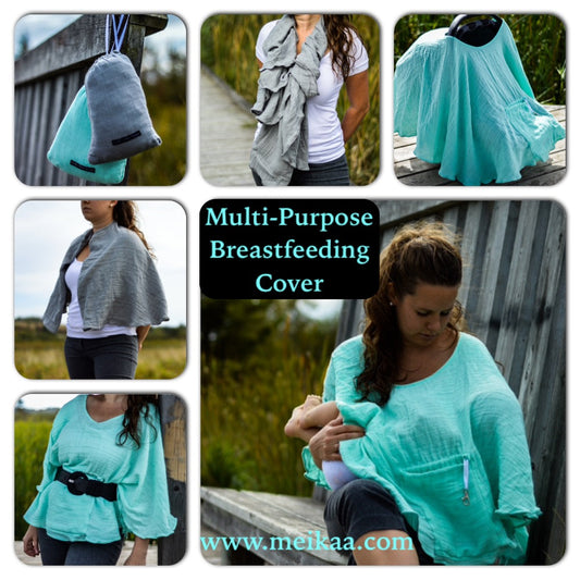 Teal multi-use breastfeeding cover with black strap, worn as a cape