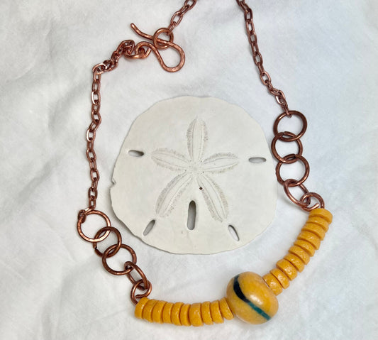 Yellow Sand Cast  Glass  and Copper necklace