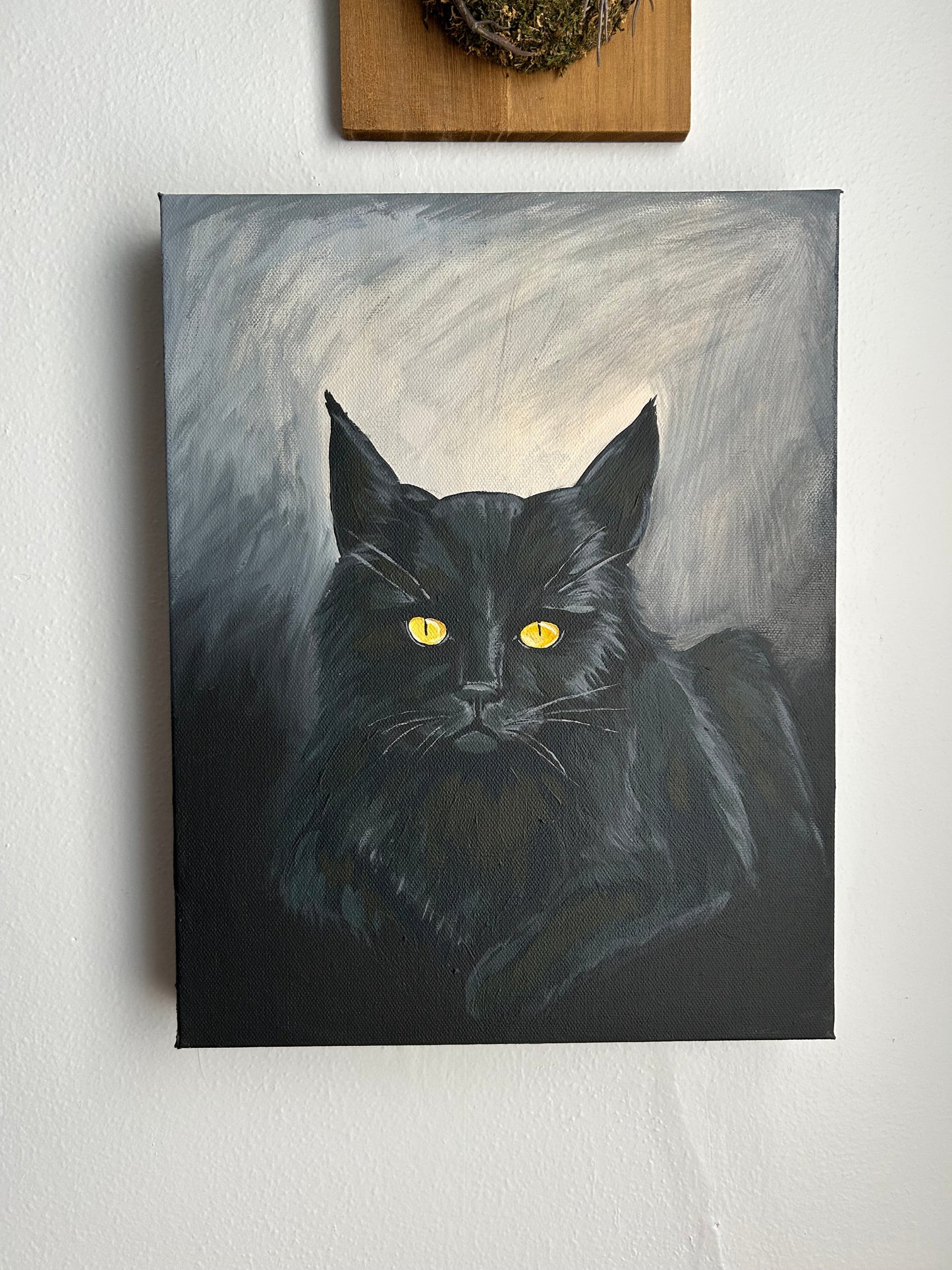 Black cat portrait wall art with yellow eyes
