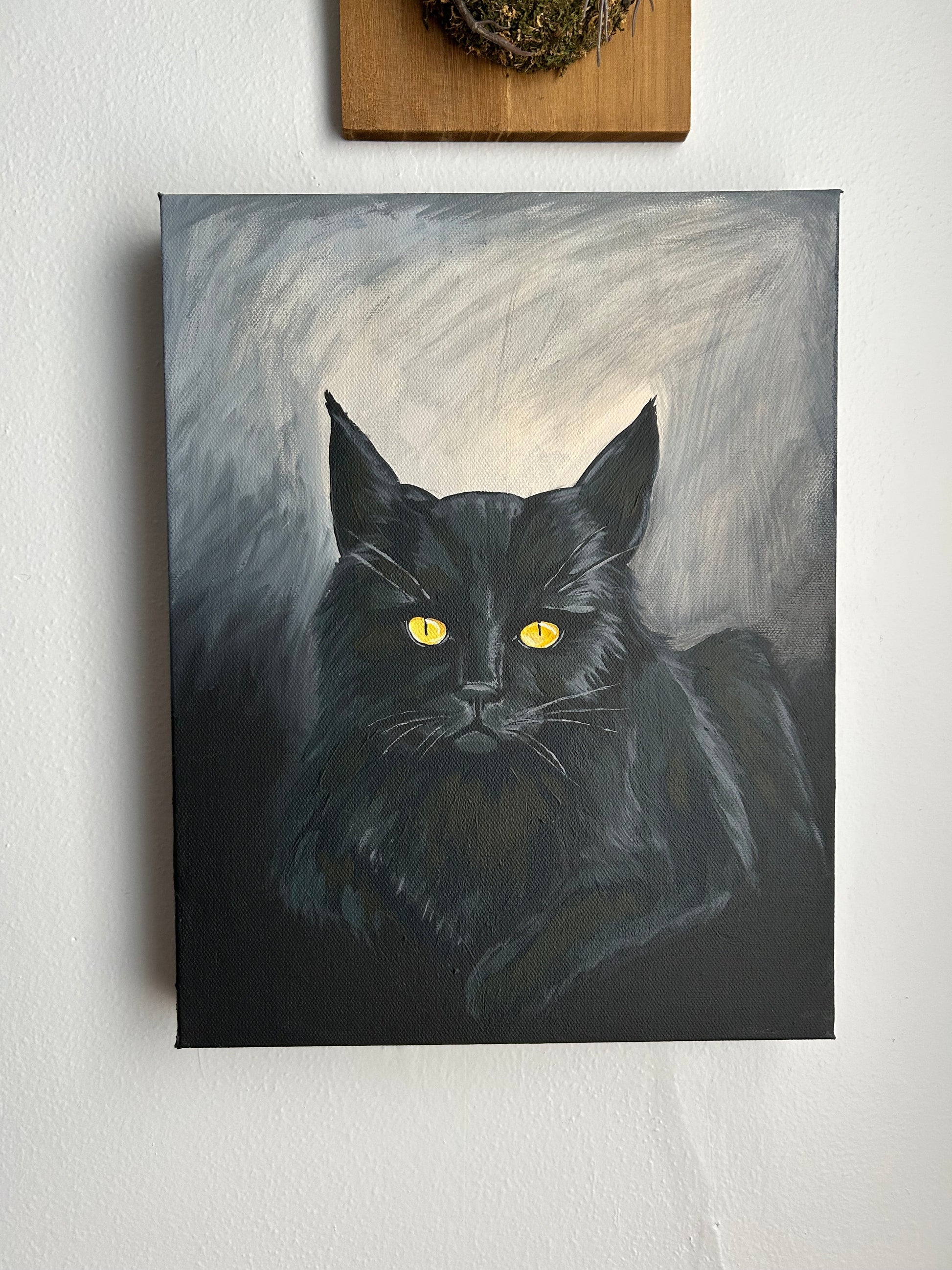 Black cat portrait wall art with yellow eyes