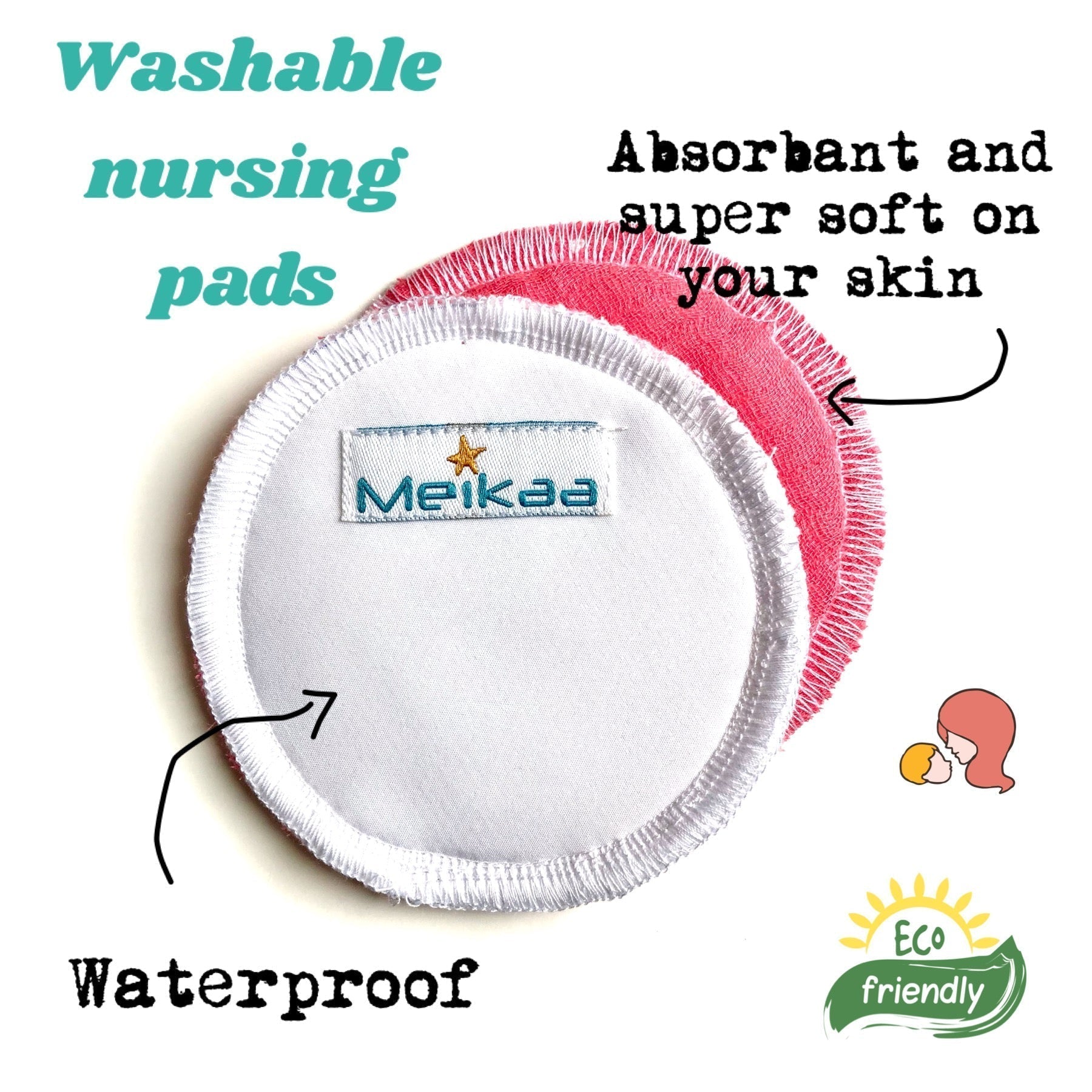 Red and white reusable nursing pad, round with white stitched border and center label