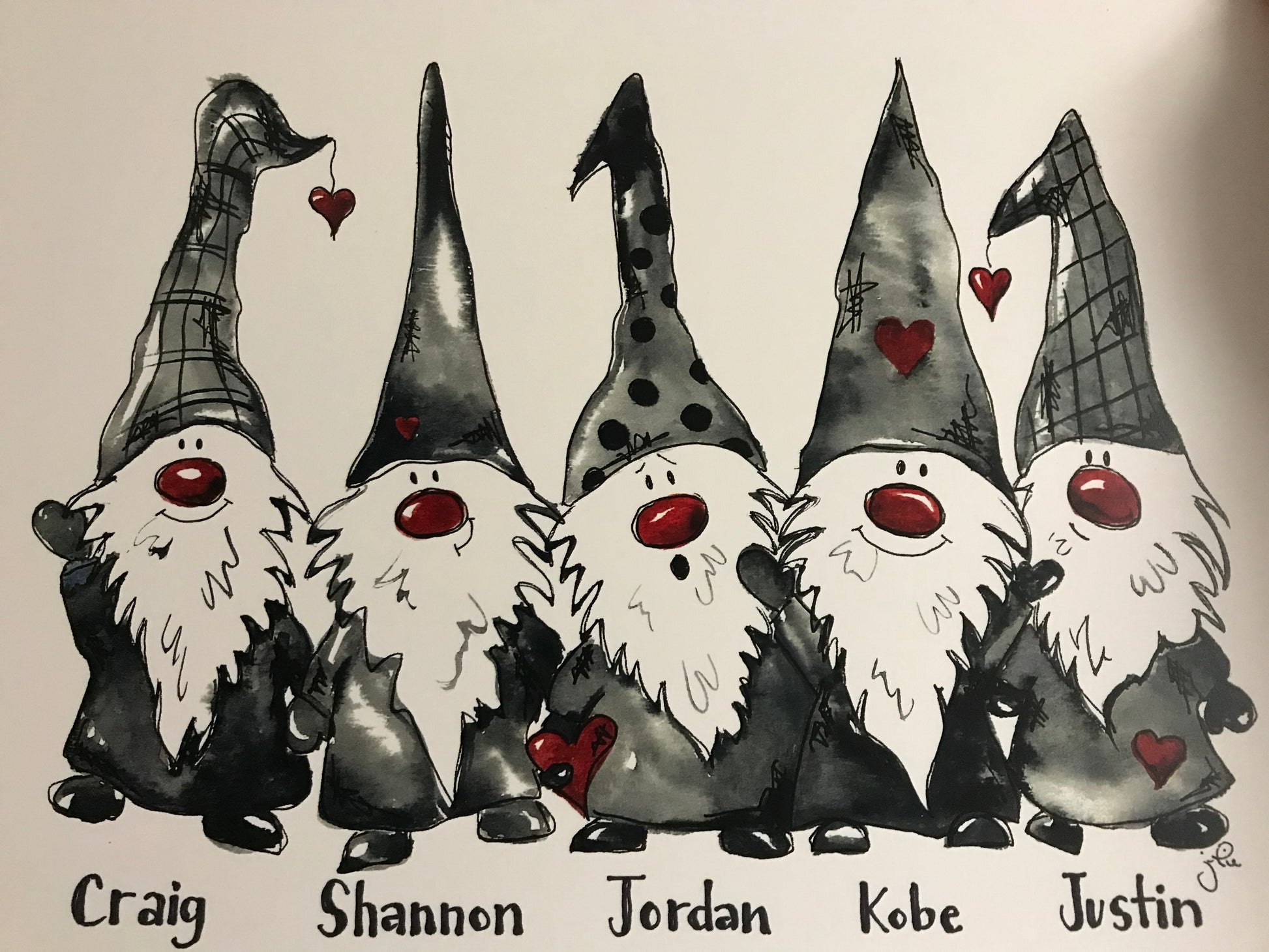 Gnome group illustration on paper with red hearts and names Craig, Shannon, Jordan, Kobe, Justin
