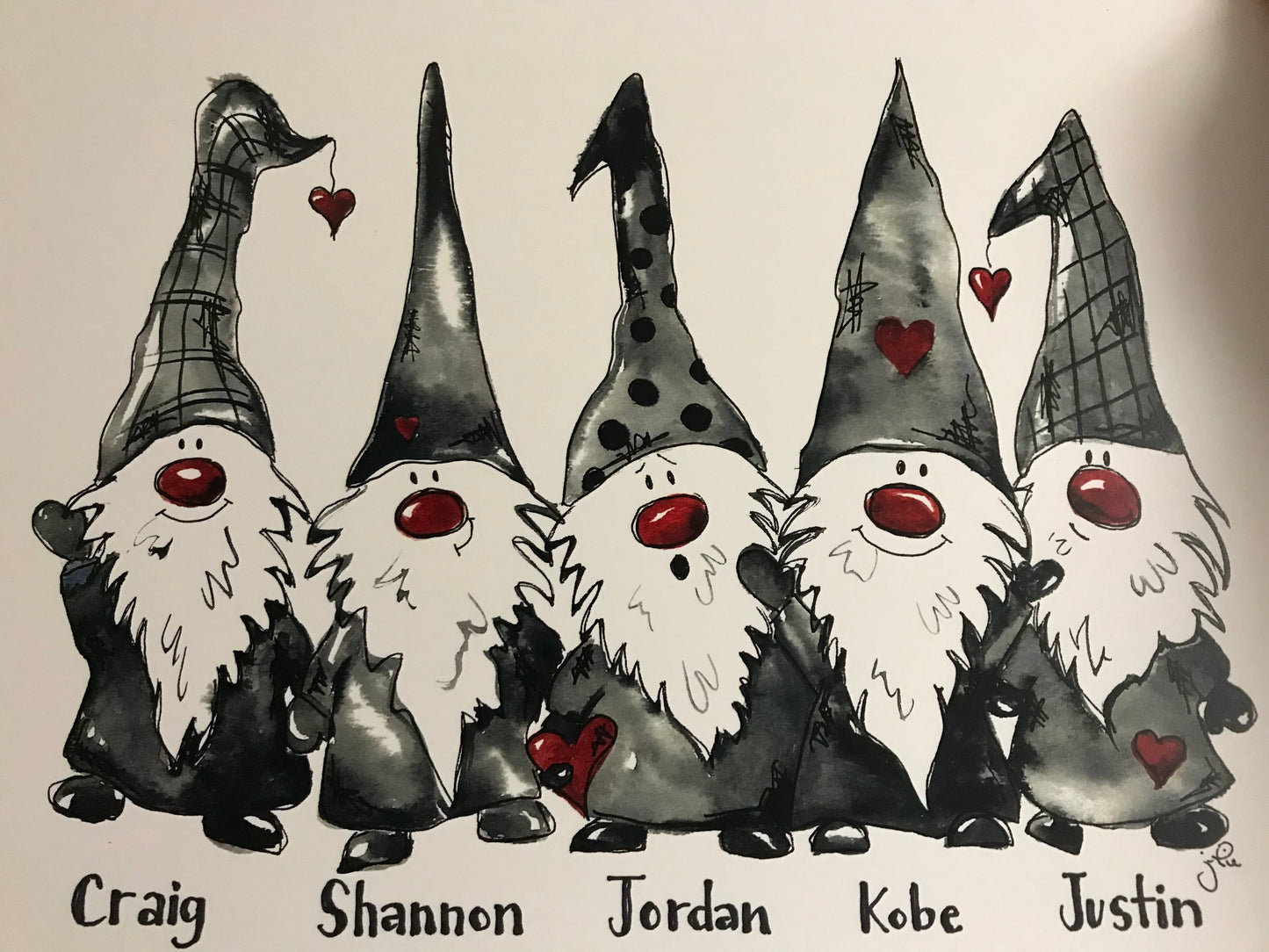 Gnome family print of five gnomes with red hearts and names: Craig, Shannon, Jordan.