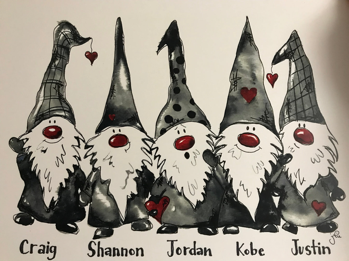Gnome wall art print with five gnomes, red hearts, and names Craig, Shannon, Jordan, Kobe, Justin