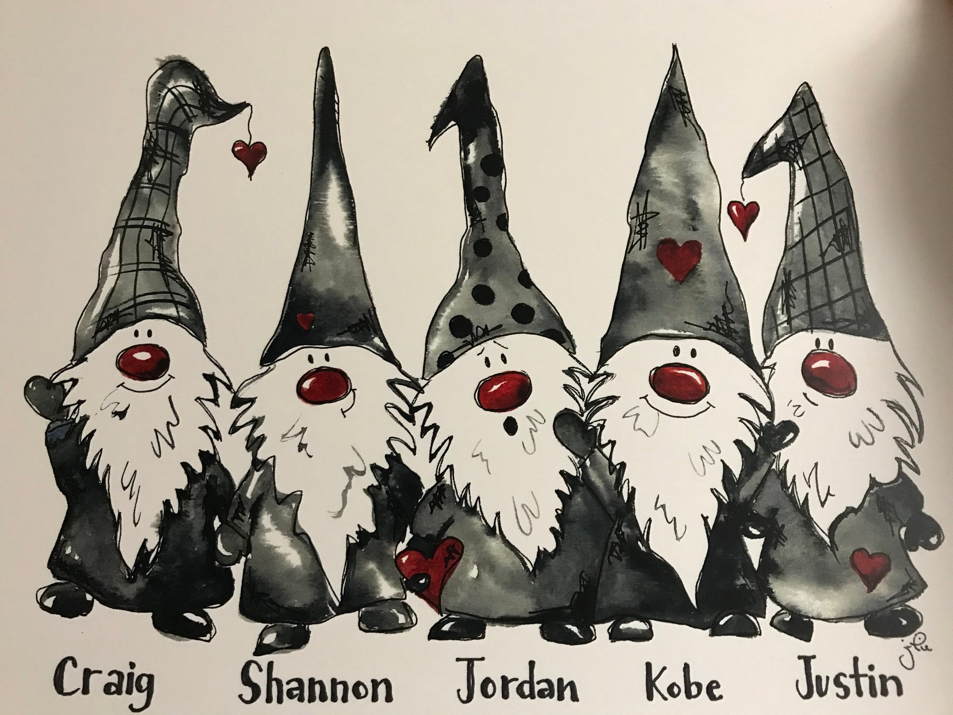 Gnome wall art print with five gnomes, red hearts, and names Craig, Shannon, Jordan, Kobe, Justin