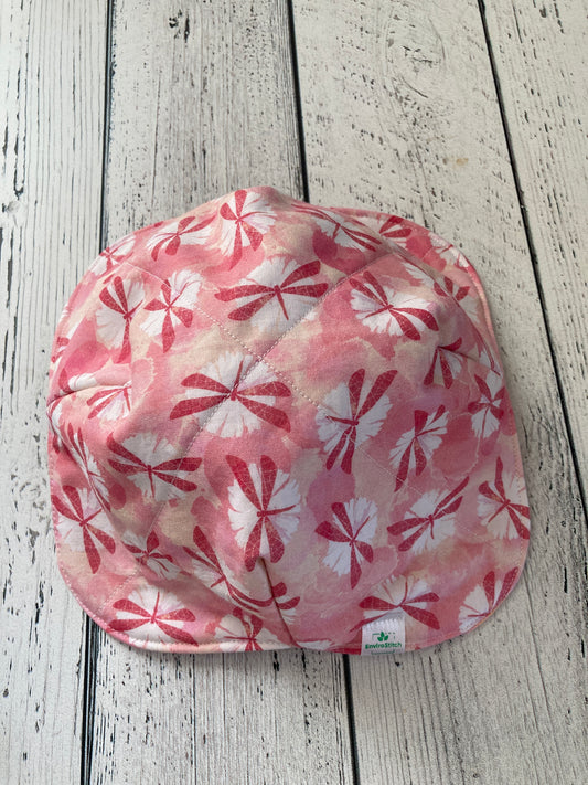 Pink bowl cozy with red dragonfly pattern, round fabric cover