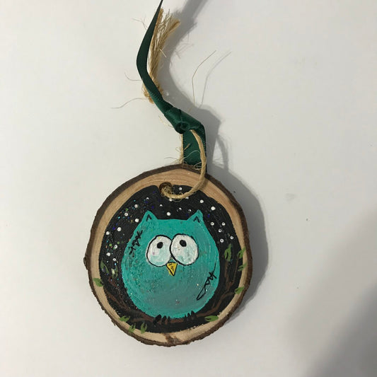 Hand Painted Wooden Ornament – Green Owl