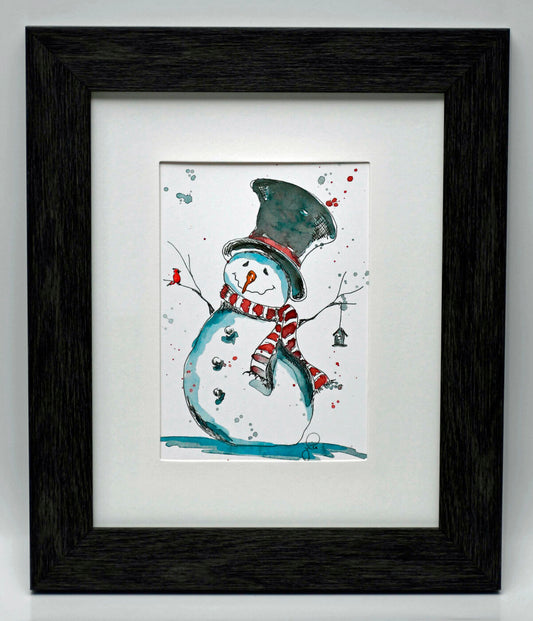 Snowman With Birdhouse & Cardinal