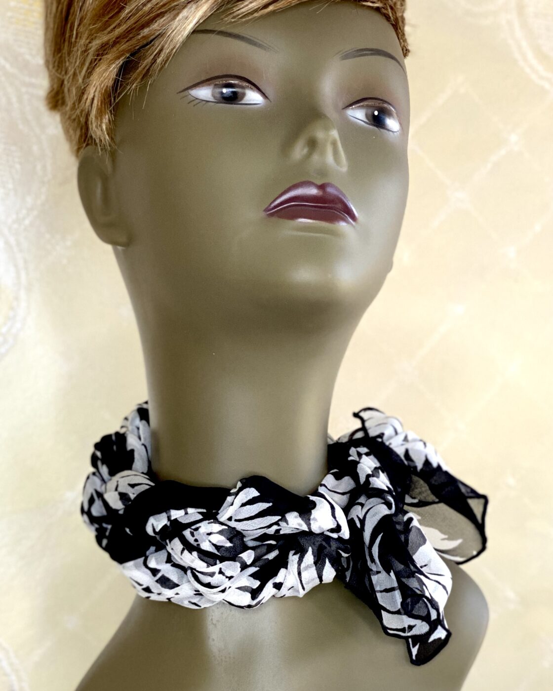 Black and White Leaf Patterned Silk Scarf
