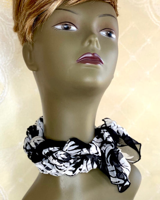 Black and White Leaf Patterned Silk Scarf