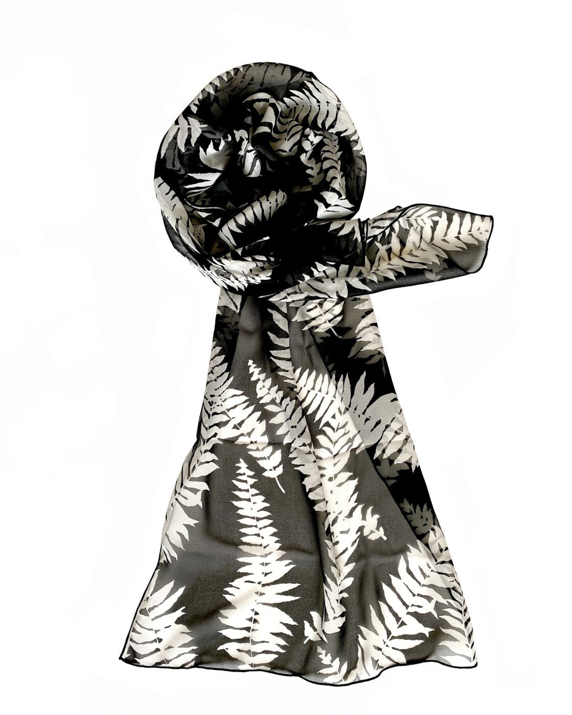Black and White Leaf Patterned Silk Scarf