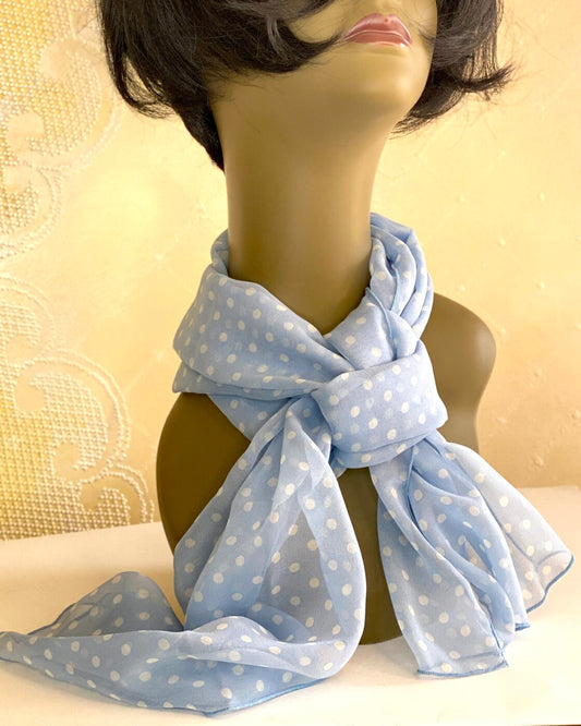 Light Blue and White Polka Dot Silk Scarf